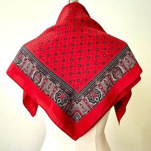 VTG Ginnie Johansen Silk Scarf Red Navy Floral Square Foulard Hand Rolled Hems
